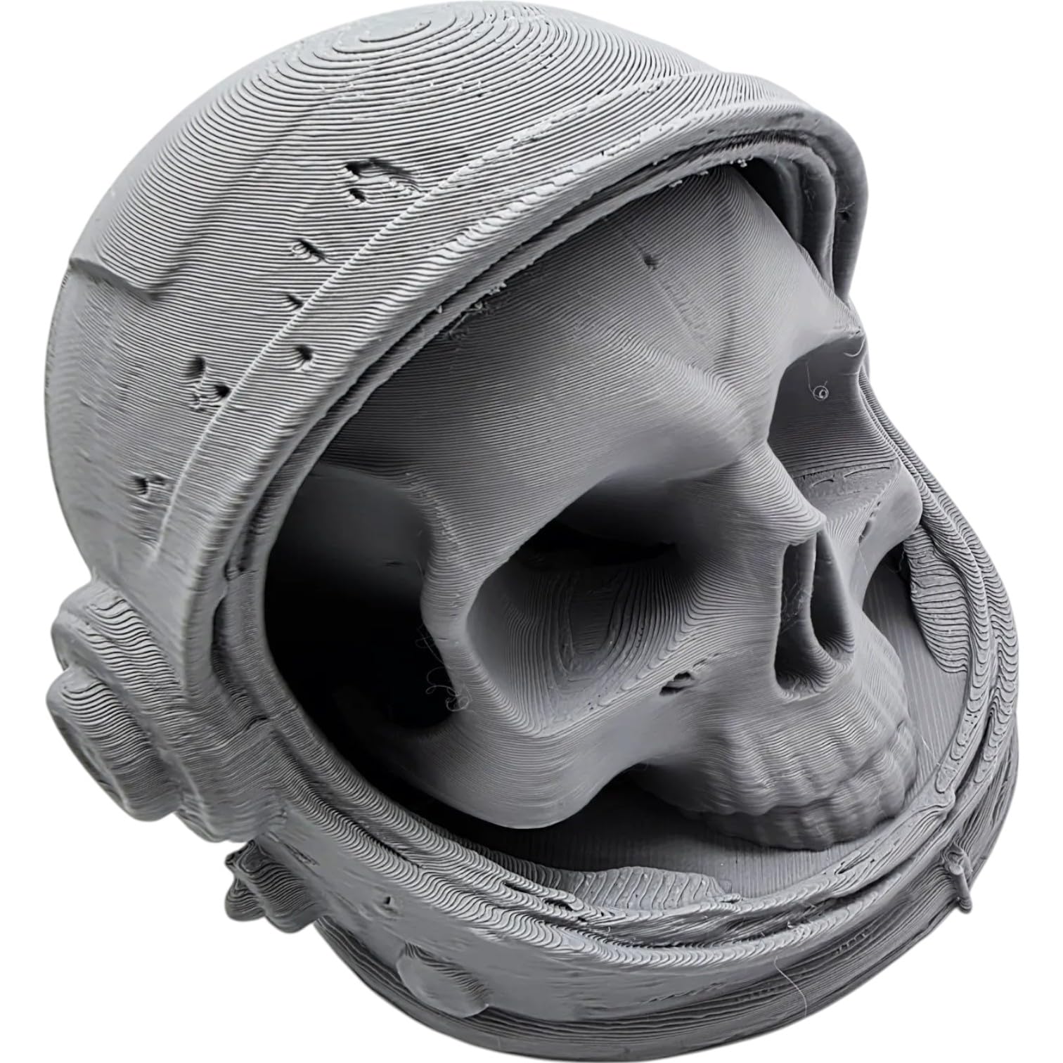 Dead Astronaut Skull Sculpture – Battle-Damaged Space Helmet Skull for Sci-Fi Horror Displays, Gothic & Outer Space Decor – 3D Printed in Canada