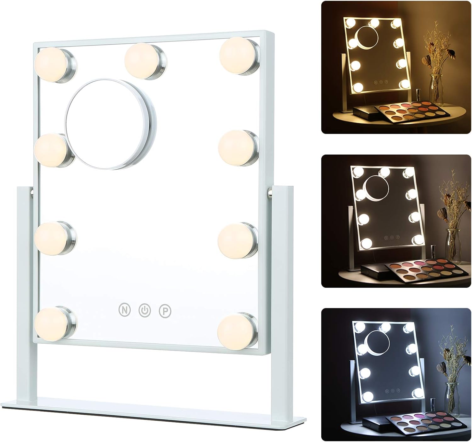 Vanity Mirror with Lights, Hollywood Lighted Makeup Mirror, 3 Colors Lighting Modes Dimmable 10X Magnifying Miroor, Touch Control and 360 Degree Rotation (White)