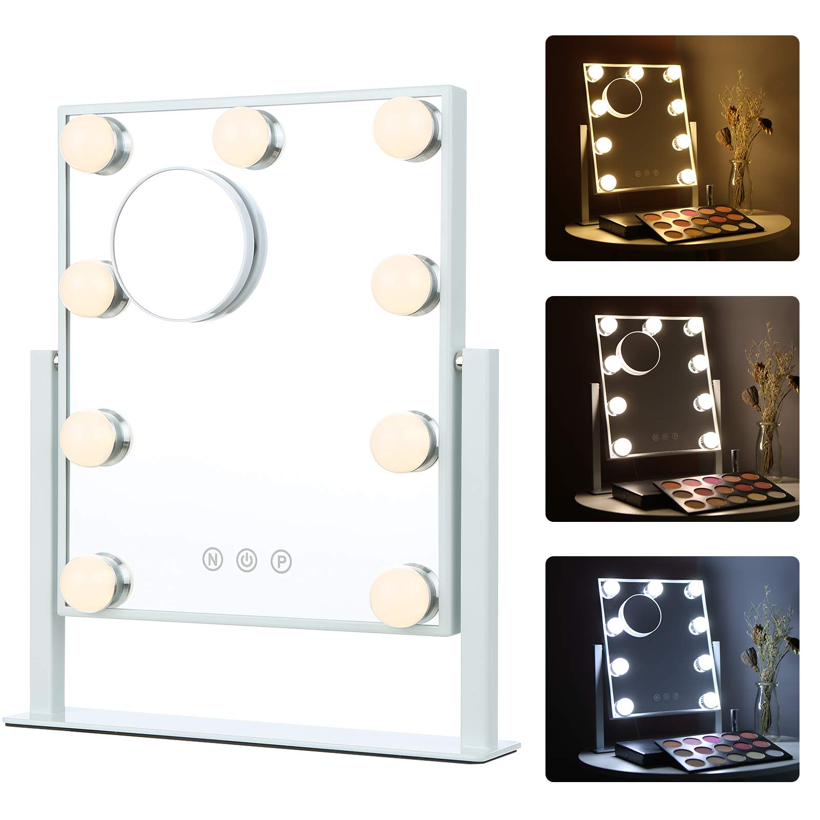 Vanity Mirror with Lights, Hollywood Lighted Makeup Mirror, 3 Colors Lighting Modes Dimmable 10X Magnifying Miroor, Touch Control and 360 Degree Rotation (White)