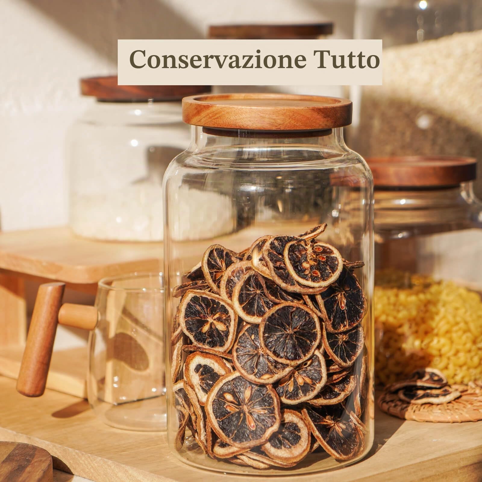 Labina Barattoli in vetro con coperchio in legno, contenitori in vetro a collo largo con coperchio, ermetici con coperchio per zucchero, biscotti, spaghetti, noci e caramelle, 2 x 2600 ml