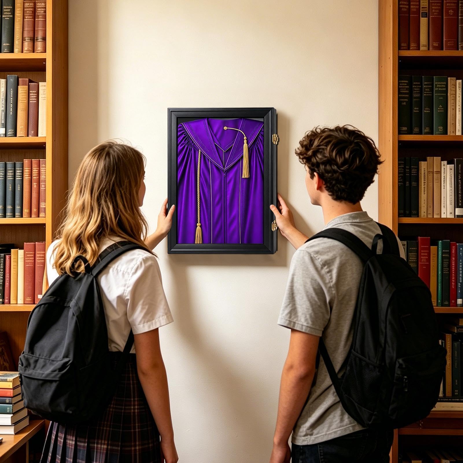 Drewniana Ramka Shadow Box Drewniana skrzynka ochronna na pamiątki | Gablota do Biretu oraz do domu, biura, sypialni, zawieszany na ścianie, na przyjęcia i świętowania, dyplom oraz frędz