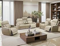 Power Recliner Sofa Set with Drop-Down Table&comma; 3-Piece Leather Reclining Sofa Sectional Couches&comma; Living Room Furniture Sets&comma; Reclining Sofa with Cup Holders&sol;Storage Console for House&lpar;Beige&rpar;