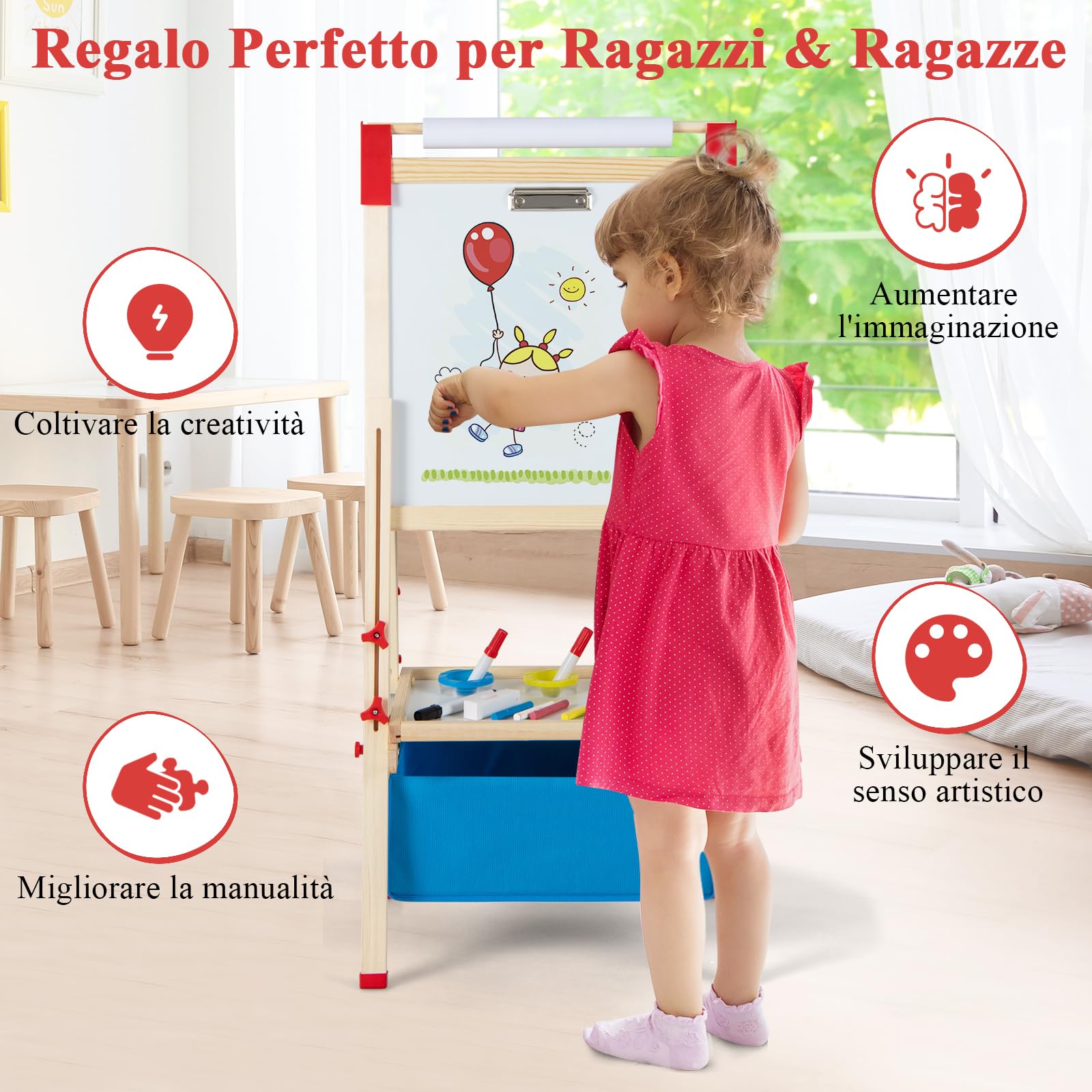RELAX4LIFE 3-in-1 Cavalletto per Bambini Regolabile in Altezza, Cavalletto in Legno a Doppia Faccia con Lavagna Magnetica e Lavagna Bianca, Rotolo di Carta e Accessori per Pittura