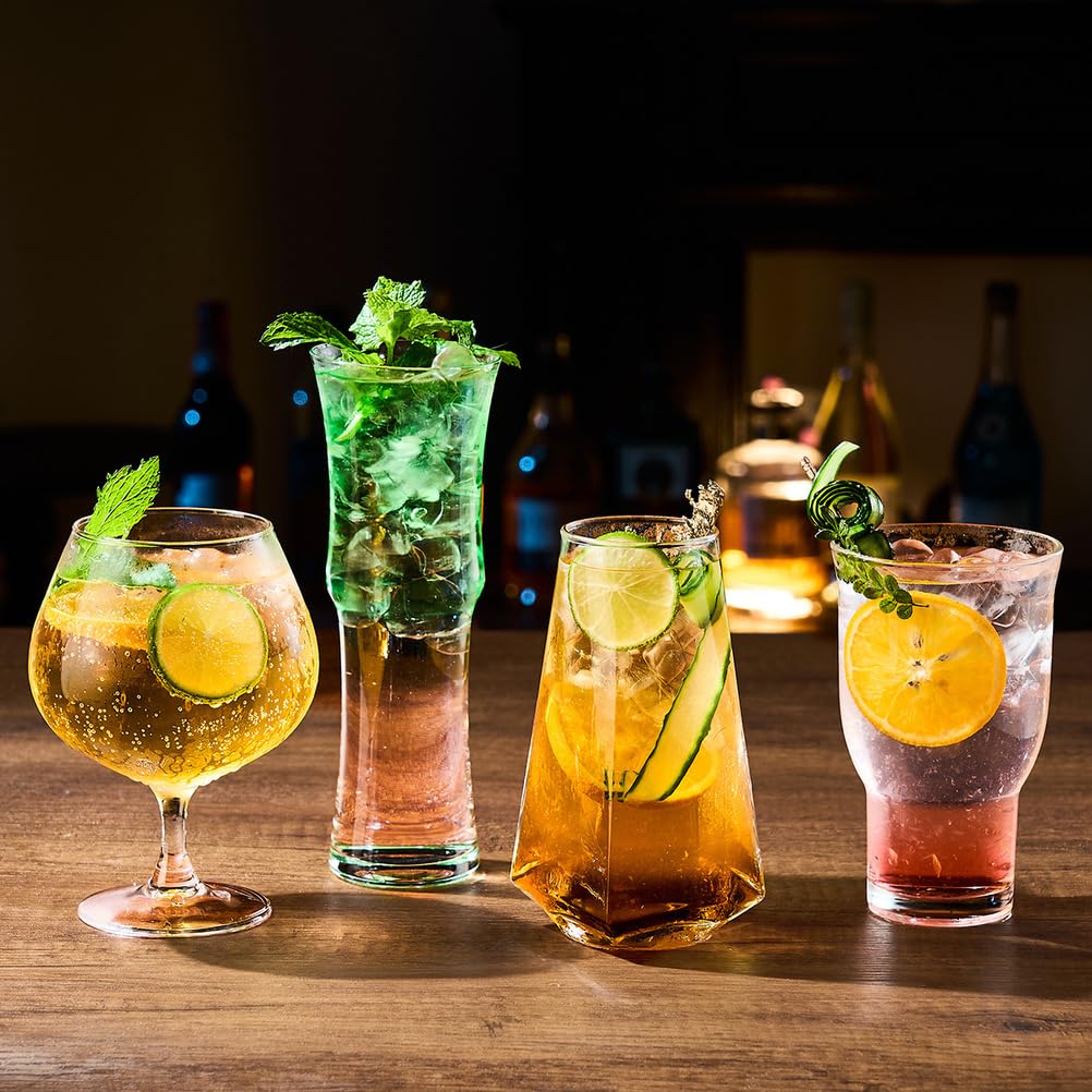 4-częściowy zestaw do koktajli z przezroczystego szkła - szklanki typu highball i na nóżce | gładko zwinięte obrzeża, stabilne pogrubione podstawy