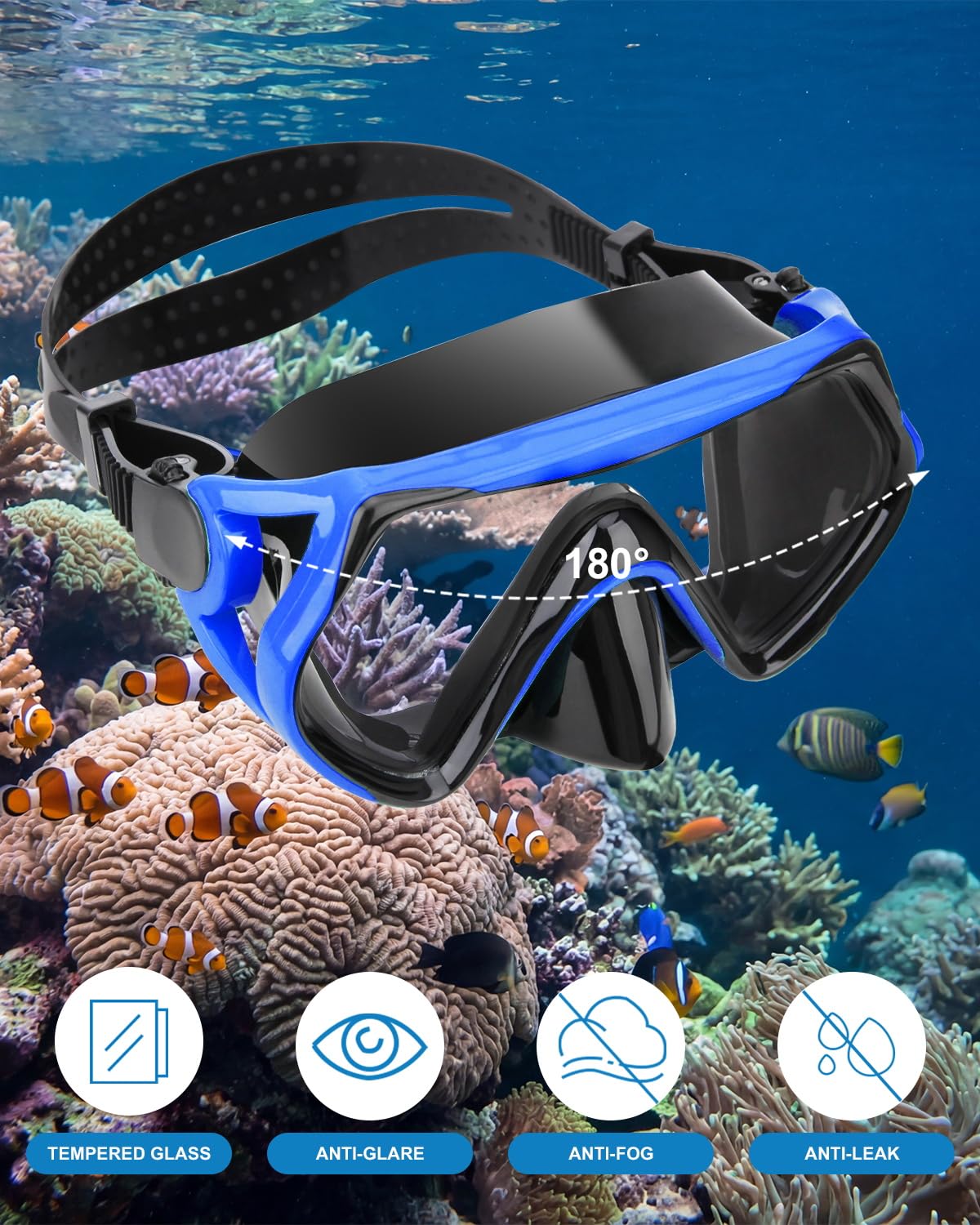Juego de máscara de esnórquel para adultos y jóvenes, máscara de buceo y gafas de buceo de secado completo es adecuado para esnórquel, buceo, natación (azul)