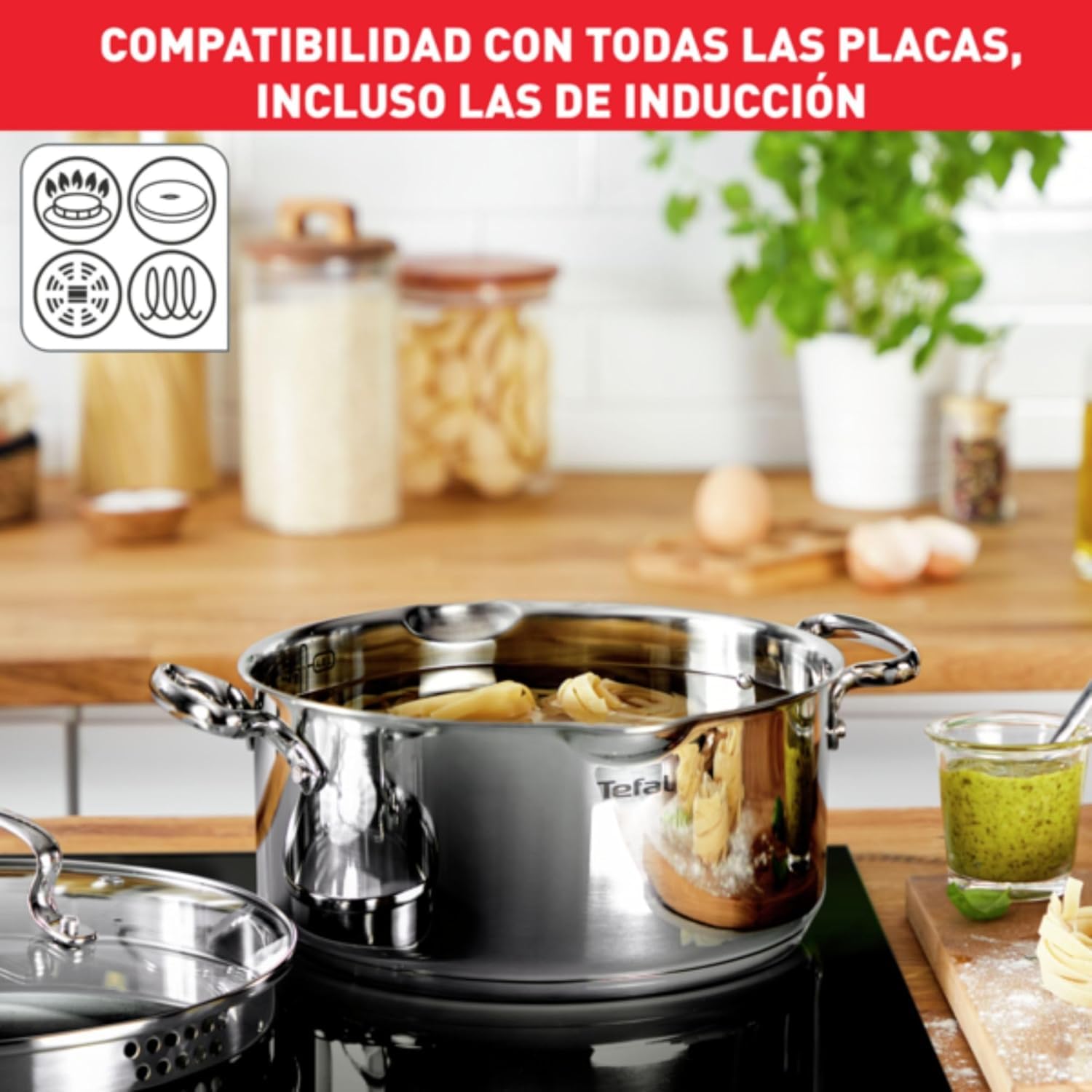 Tefal Duetto On - Juego de 2 Ollas 20/24 cm + Cacerola 16 cm + 3 tapas de cristal, Apto inducción, Acero inoxidable 18/10, 10 años de garantía, Base 3 capas, Marcas de medición