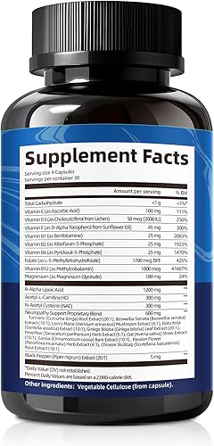 Miniatura 6 de Suplemento de apoyo para neuropatía nerviosa y periférica con 1200 mg de ácido R-alfa lipoico L-carnitina vitamina B12 B1 B6 D3 E Folato Leones