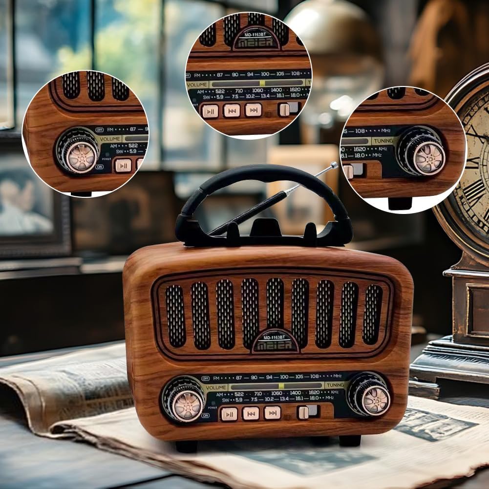 AM/FM/SW Retro Radio mit Bluetooth 5.0, Nostalgie Radios Klein mit 1800mAh Akku, Küchenradio & Kofferradio mit 5-W-Lautsprecher, Unterstützt USB/TF/AUX, Vintage Radio für Zuhause, Büro, Outdoor