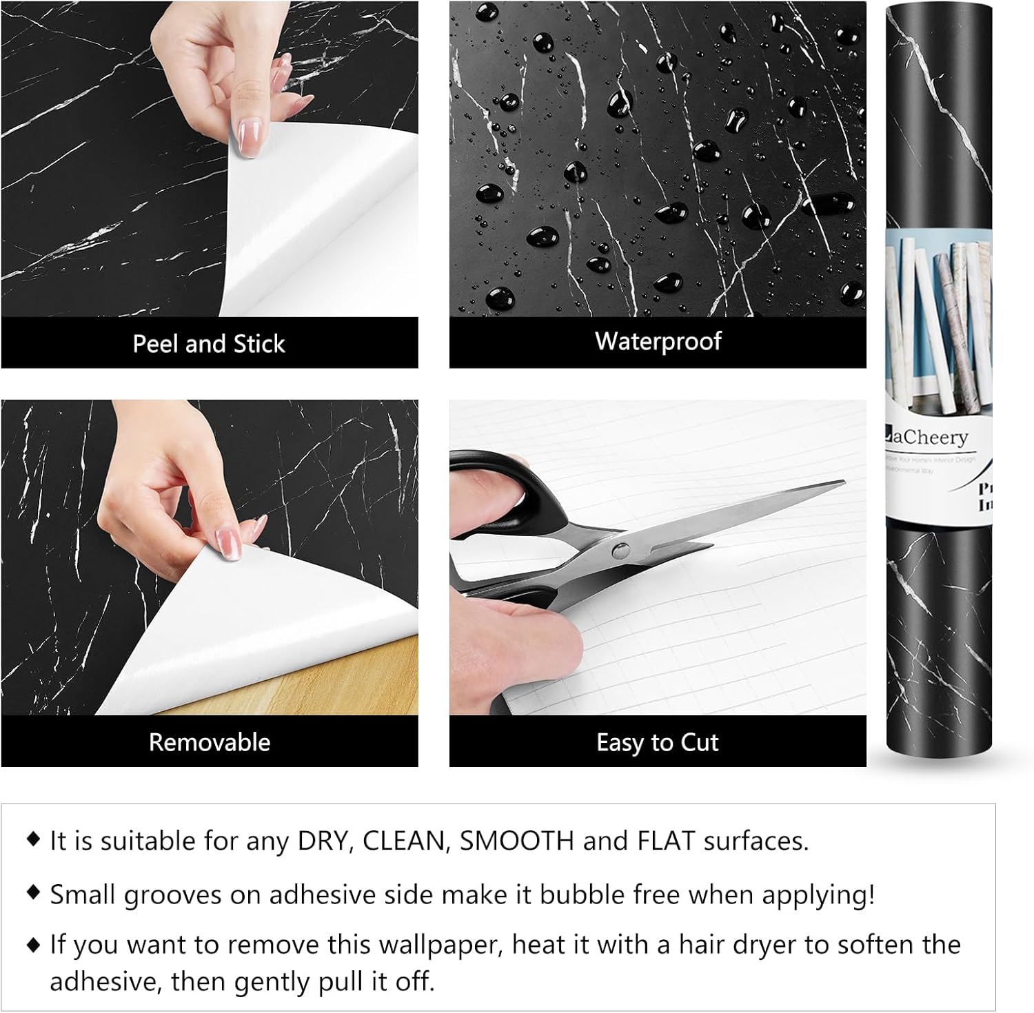 LACHEERY 15.8"x276" Matte Black Marble Contact Paper Peel and Stick for Cabinets Black Marble Wallpaper Peel and Stick for Wall Bedroom Waterproof Self Adhesive Marble Vinyl Wrap for Cabinets Desk