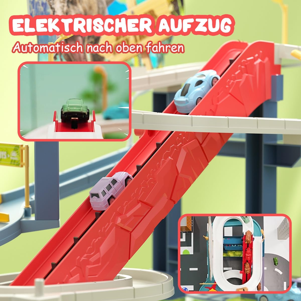 Dinosaurier Spielzeug Rennstrecken Spielset mit 7 Ebenen 8 Autos, Autorennbahn Parkhaus Garage City Streckenset Autobahn für Kinder ab 3 4 5 6 Jahren