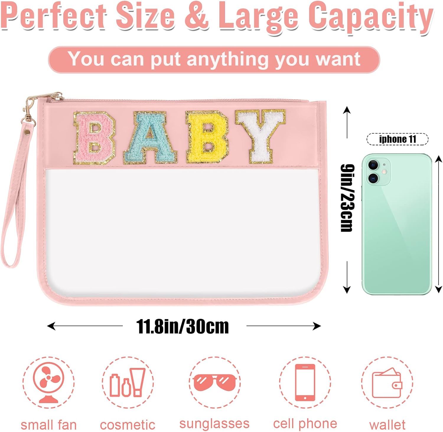 izuzta Chenille Letter Clear Bag Baby Purse Pouch, Monogram PVC & PU Clear Zipper Pouch with Wristlet, Waterproof Portable Glitter Snacks Makeup Beach Pouch Toiletry Bag for Women Girls (BABY-Pink) - Image 2