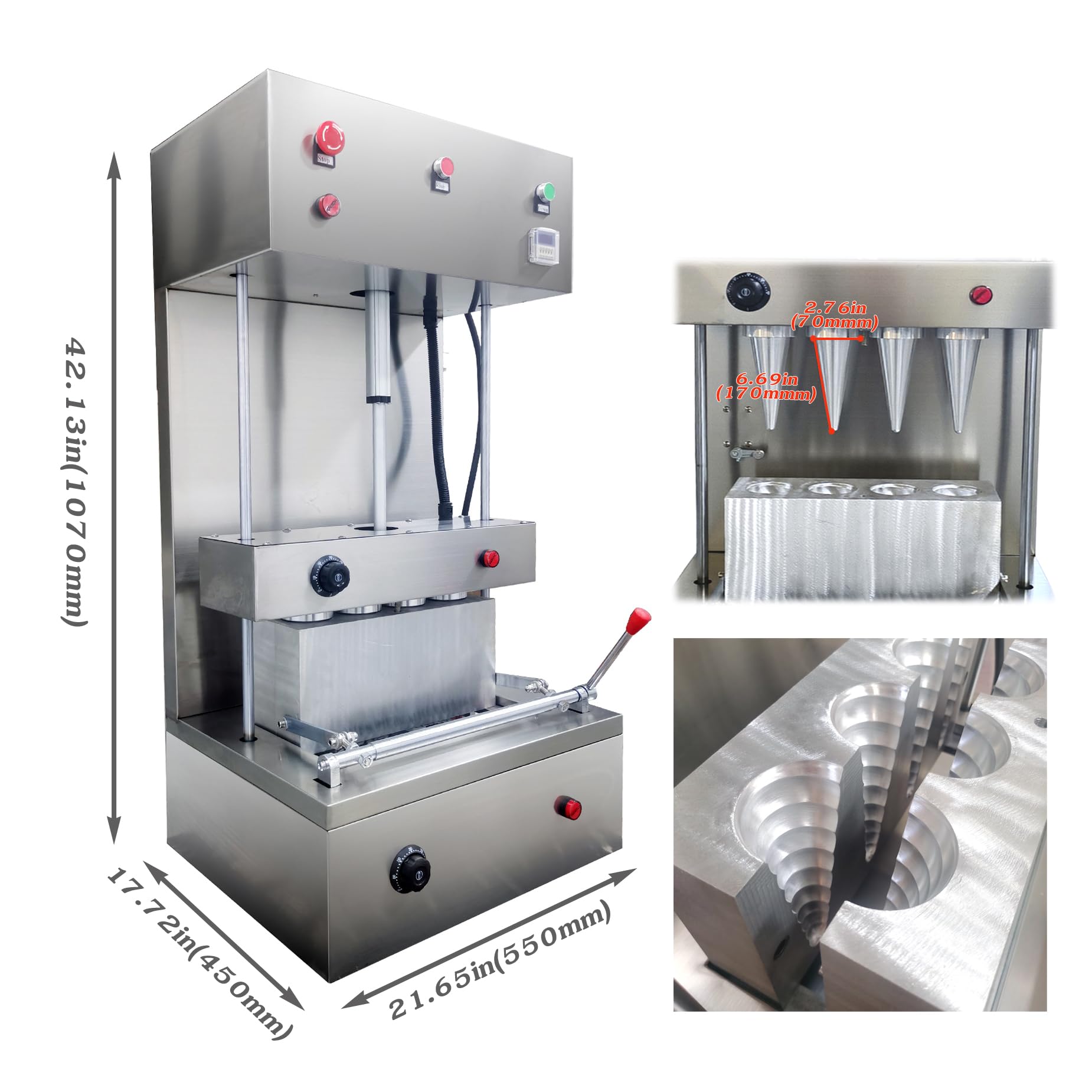 INTSUPERMAI Pizza Cone Forming Machine Commercial Pizza Cone Machine Stainless Steel Commercial Handheld Pizza Cone Maker with 4 Spiral Pattern Dies Max 300? for Restaurant Commercial Use 110V 2800W