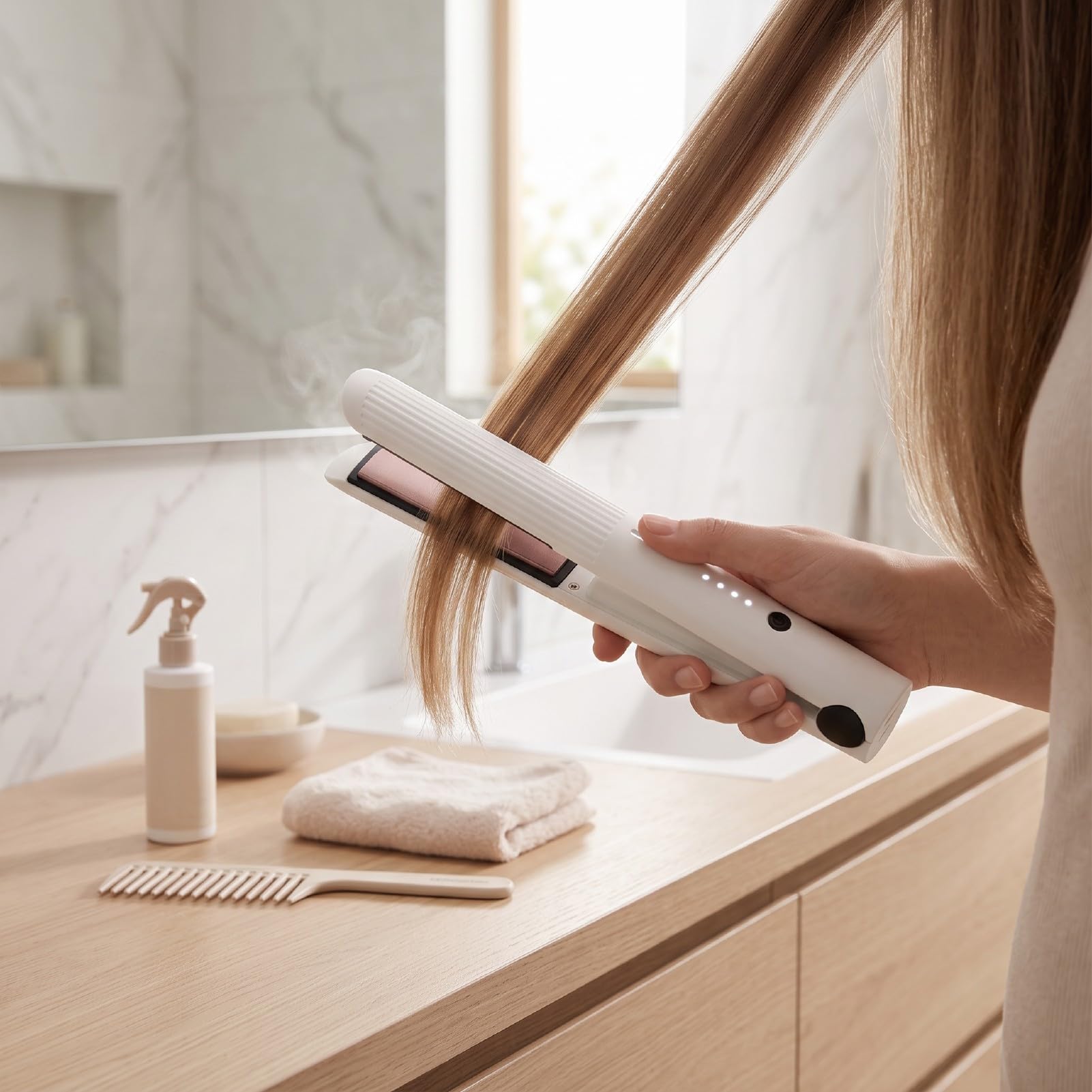 Plancha de Pelo Mini para Viajes, Alisador Inalámbrico Recargable por USB con Calor Constante PTC, 3 Ajustes de Temperatura para Cabello Fino, Normal y Grueso (WHITE)