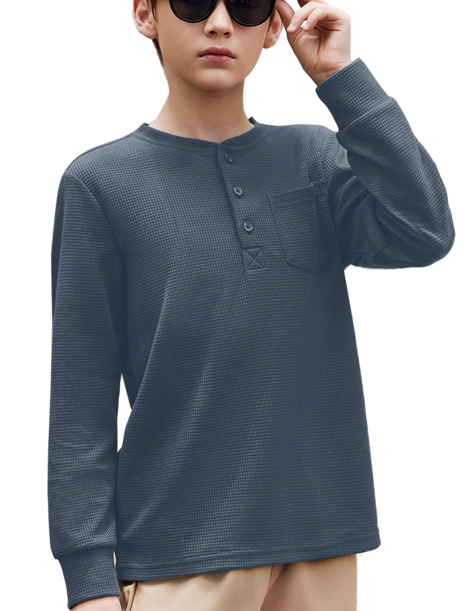 Arshiner Jungen Langarmshirt Henleyshirt Kinder Einfarbig Oberteile Top Frühling Herbst Winter Basic Langarm Freizeit Tshirts mit Brusttasche für Junge 5-12 Jahre