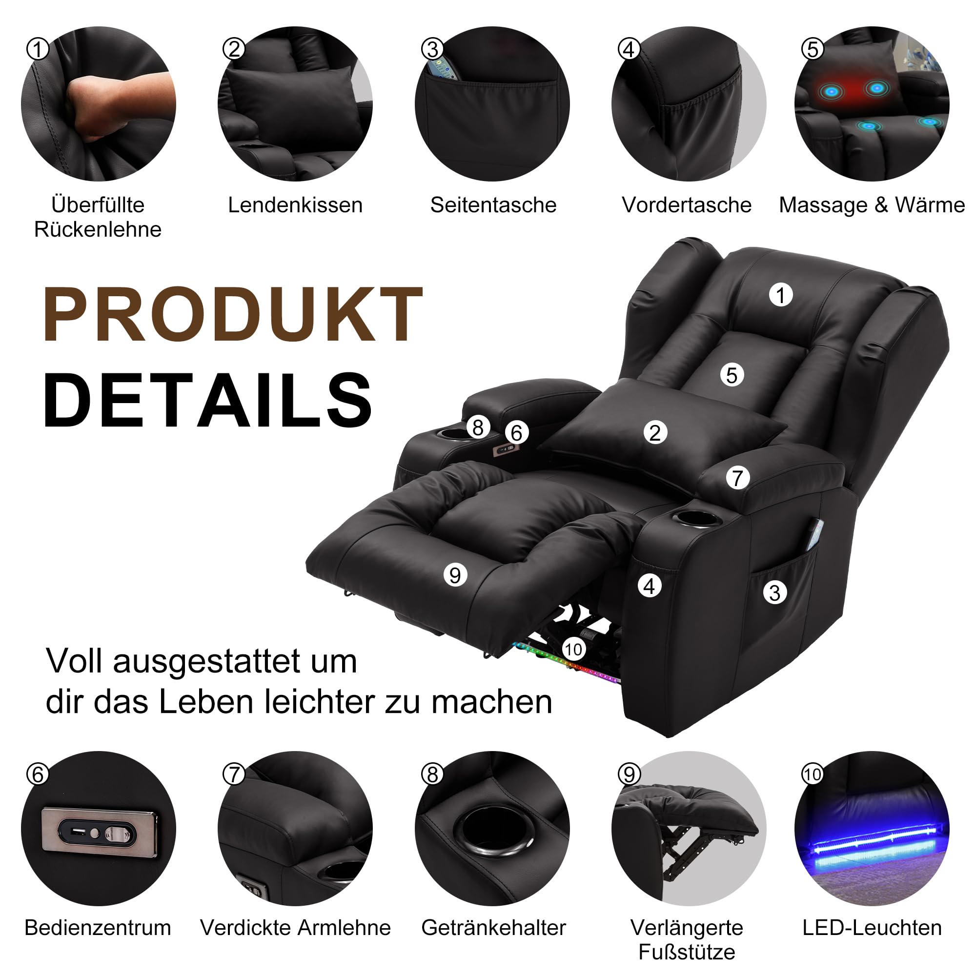 Elektrisch Verstellbar Relaxsessel mit Liegefunktion Kunstleder Fernsehsessel TV Sessel Massage Wärme LED USB bis 150 kg Schwarz 2er Set