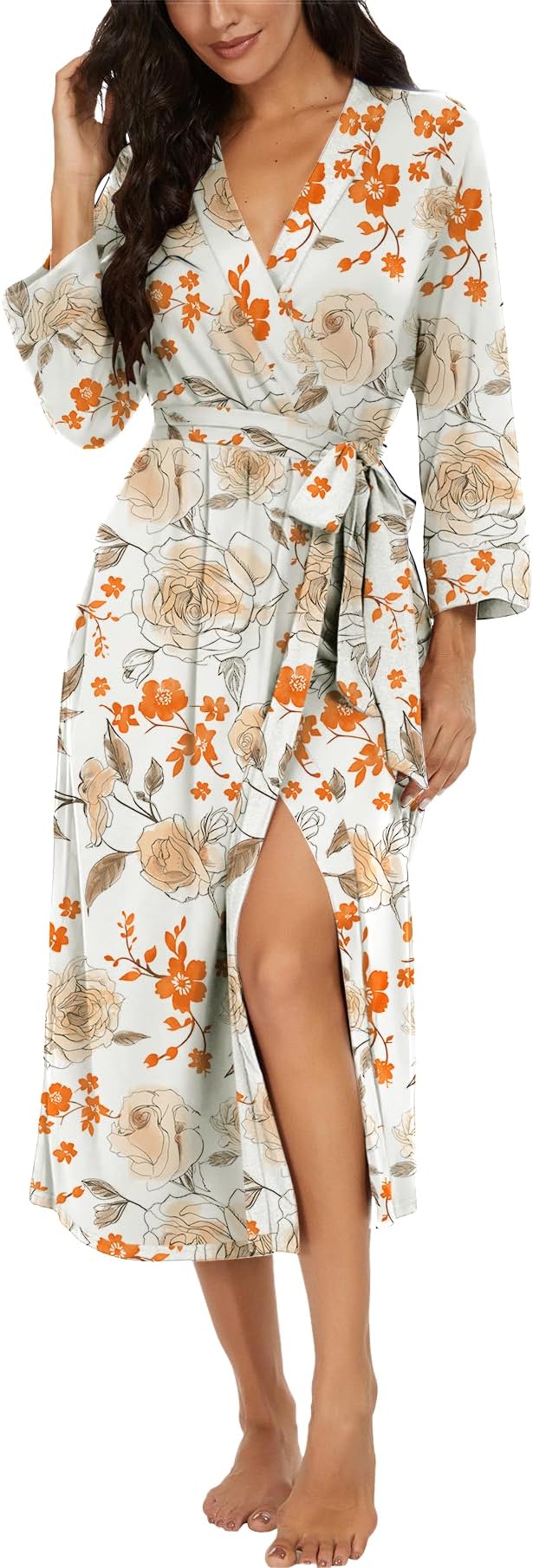 VINTATRE Women Kimono Robes Long Knit Bathrobe Lightweight Soft Knit Sleepwear V-neck Casual Ladies Loungewear