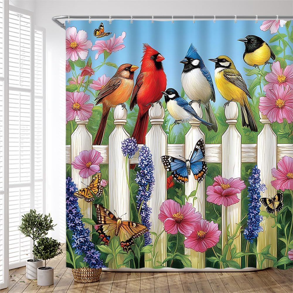 Floral Bird Shower Curtain Colorful Birds on Wooden Fence Rustic Flower Butterfly Spring Garden Nature Scenery Fabric Bathroom Decor Curtain Sets with Hooks,70" Wx70 H