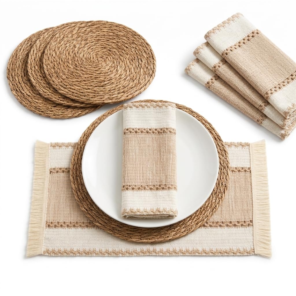 Manteles Individuales y Salvamanteles, Set de 12 Piezas, 6 Manteles Individuales 50 x 29 cm + 6 Salvamanteles Redondos 30 cm de Diámetro, Fibra Natural para Mesa de Comedor, Terraza y Jardín