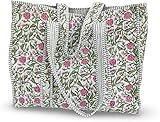 Makarisa Cotton Floral Block Print Tote Bag Handmade Indian Shoulder Bag, Qiulted Market Shopping Bag (1, DN 12)