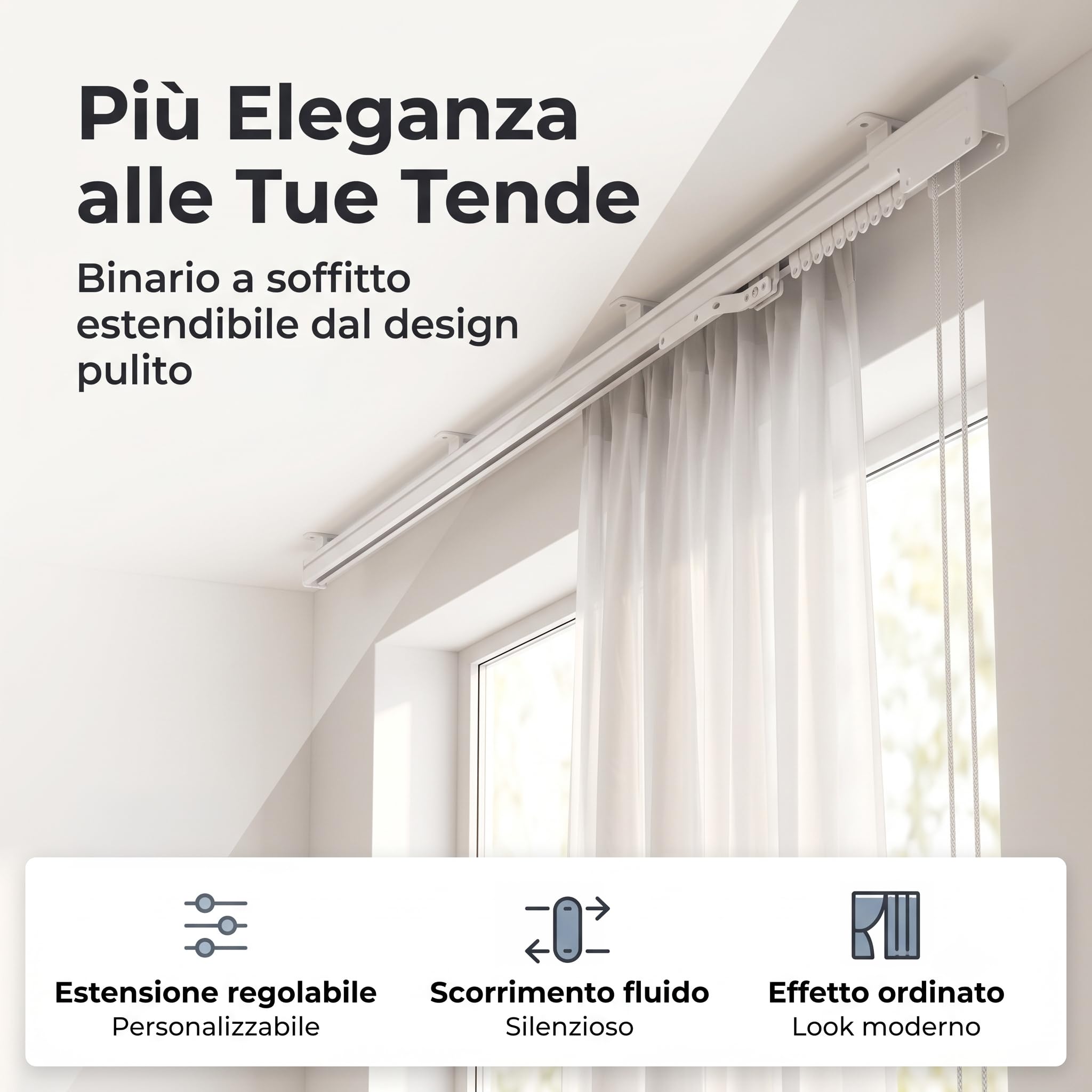 Binario per Tende a Soffitto | Binario Tenda Soffitto Scorrevole Estendibile | Sistema Scorrevole Fluido - Design Minimal - Struttura Robusta, Durevole - Ideale per Tende Interno - 160x300 | GALEONE