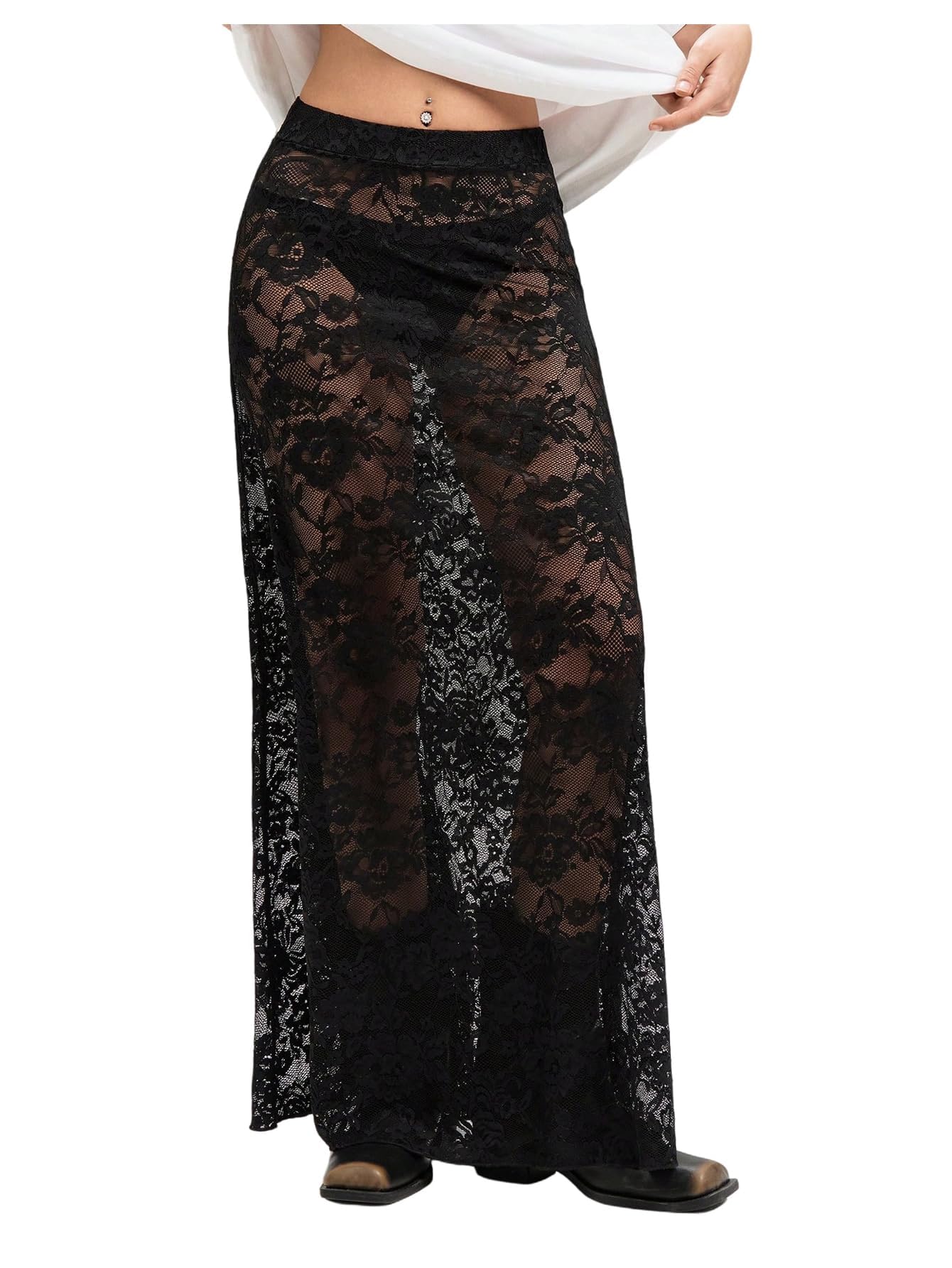 Photo 1 of (large) QJQ Women's Sheer Mesh Lace Skirt A Line Elastic High Waisted Sexy See Through Flowy Long Skirt Black Large
