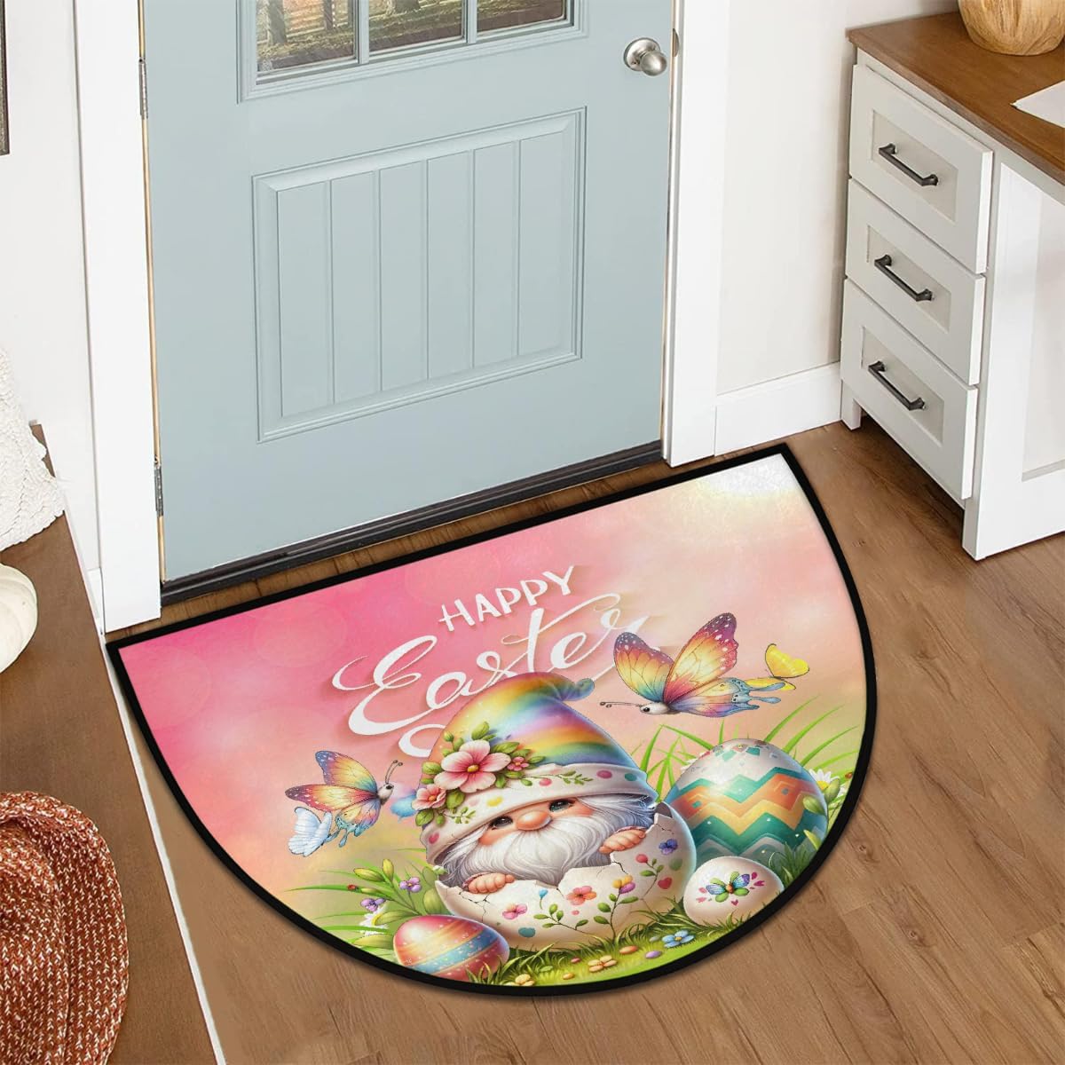 Half Round Door Mat Happy Easter Gnome Eggs Washable Non-Slip Doormat Welcome Semi Circle Area Rug Half Moon Mats Semi Floor Rugs Indoor Entrance Kitchen Bedroom Living Room Decorative Gift