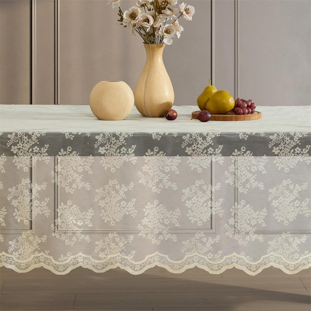 HLC.ME Jolene Floral Lace Tablecloth Round, Lace Fabric Table Cloth for Round Tables, Wrinkle Resistant Tablecloth, Patterned Scalloped Tablecloth (90 Round, Linen Taupe)