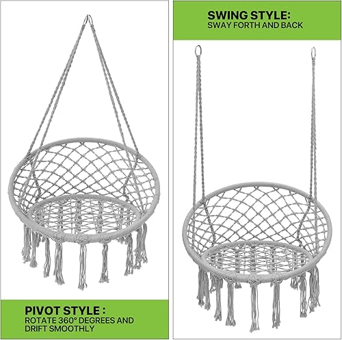Miniatura 6 de Magshion Hamaca de 2 asientos con 3 cojines, columpio colgante de macramé con borlas, malla de cuerda de algodón estilo bohemio para uso en