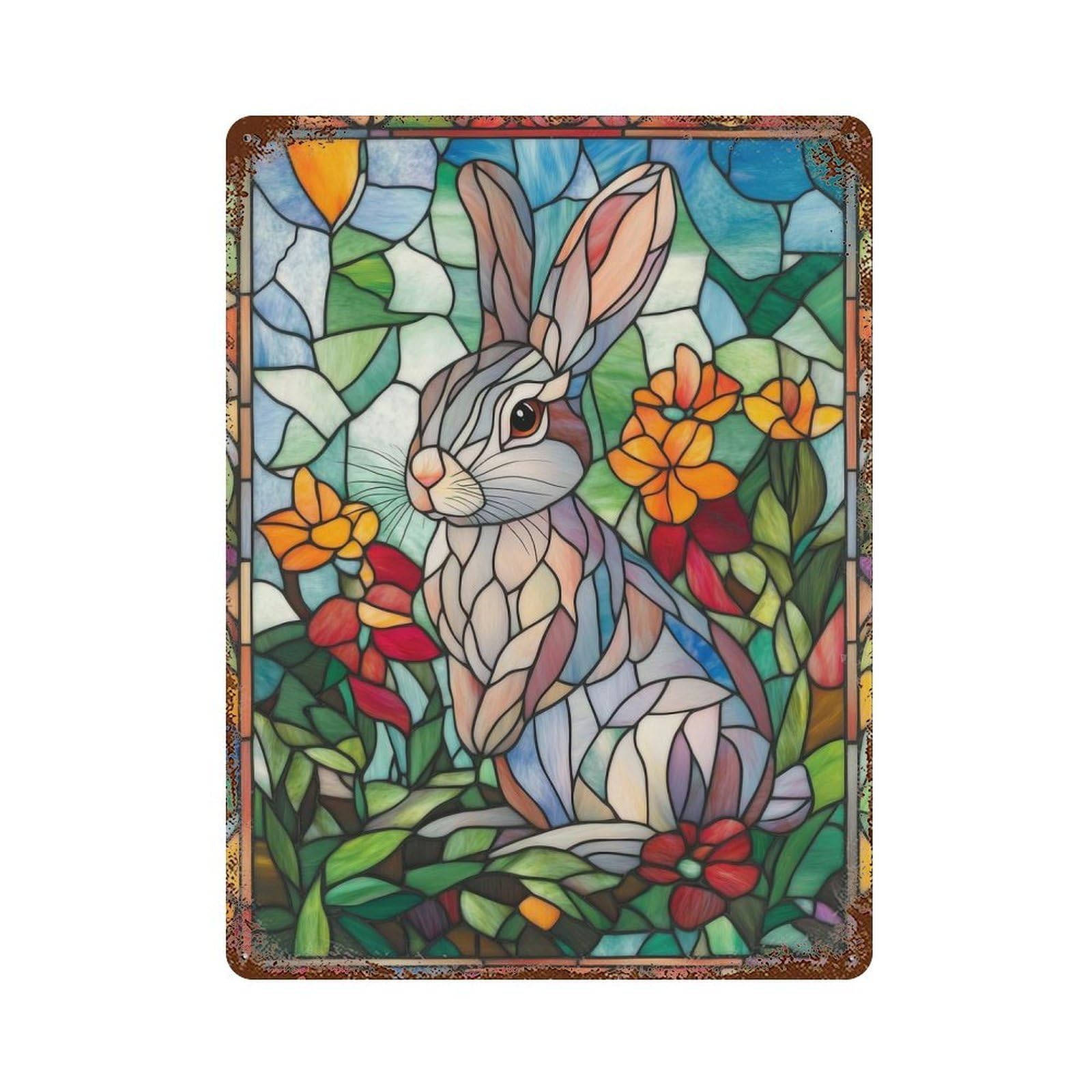Garage Style Stained Glass Rabbit Vintage Rust Metal Sign 15.7"x11.8", Rustic Home Decor for Bar And Workshop