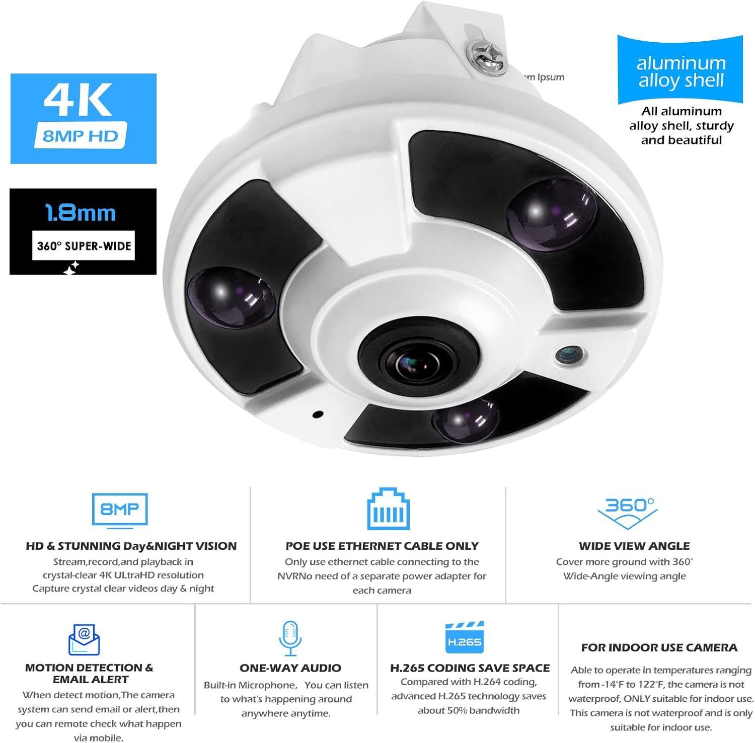MWRCTV 4K HD 8MP Wired IP POE Security Camera for Indoor Usage,1.8mm Wide Angle Panoramic Lens Fisheye Camera Works with POE NVRs Only