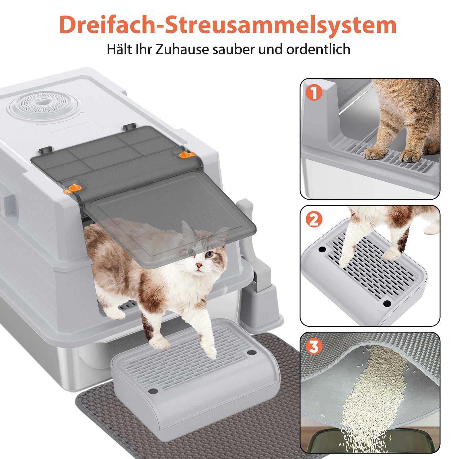 Katzenklo Edelstahl mit Deckel,Katzenklo Groß Katzentoilette XXXL Katzenklo Geschlossen mit Schaufel, Pedal & Matte, für große Katzen/mehrere Katzen