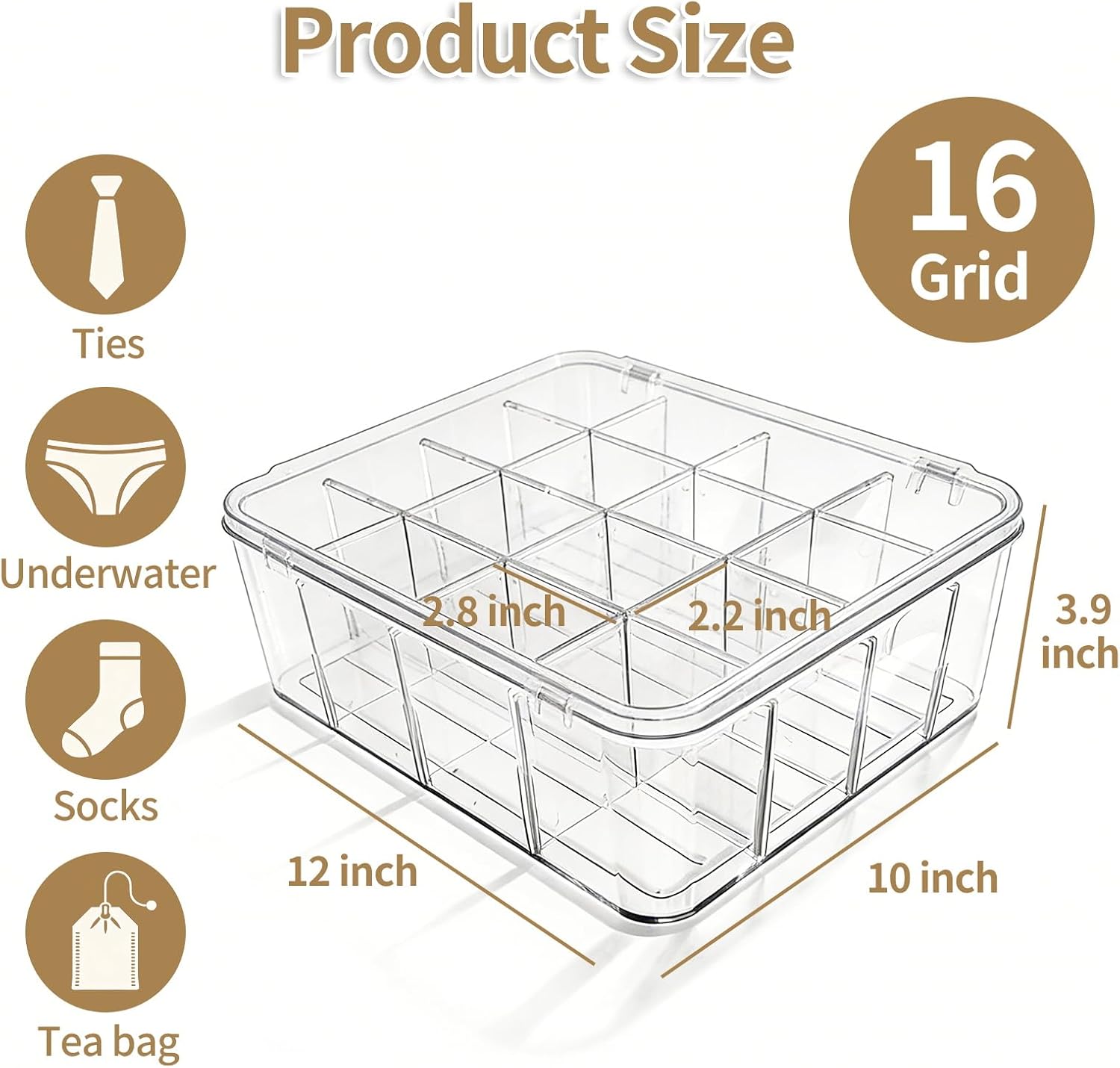 Socks Underwear Drawer Organizer, 16 Compartment Clear Plastic Storage Box with Lid & Adjustable Dividers, Tie Box, Tea Bag Organizer, Acrylic Organizer Box (12x10x3.9 Inch)