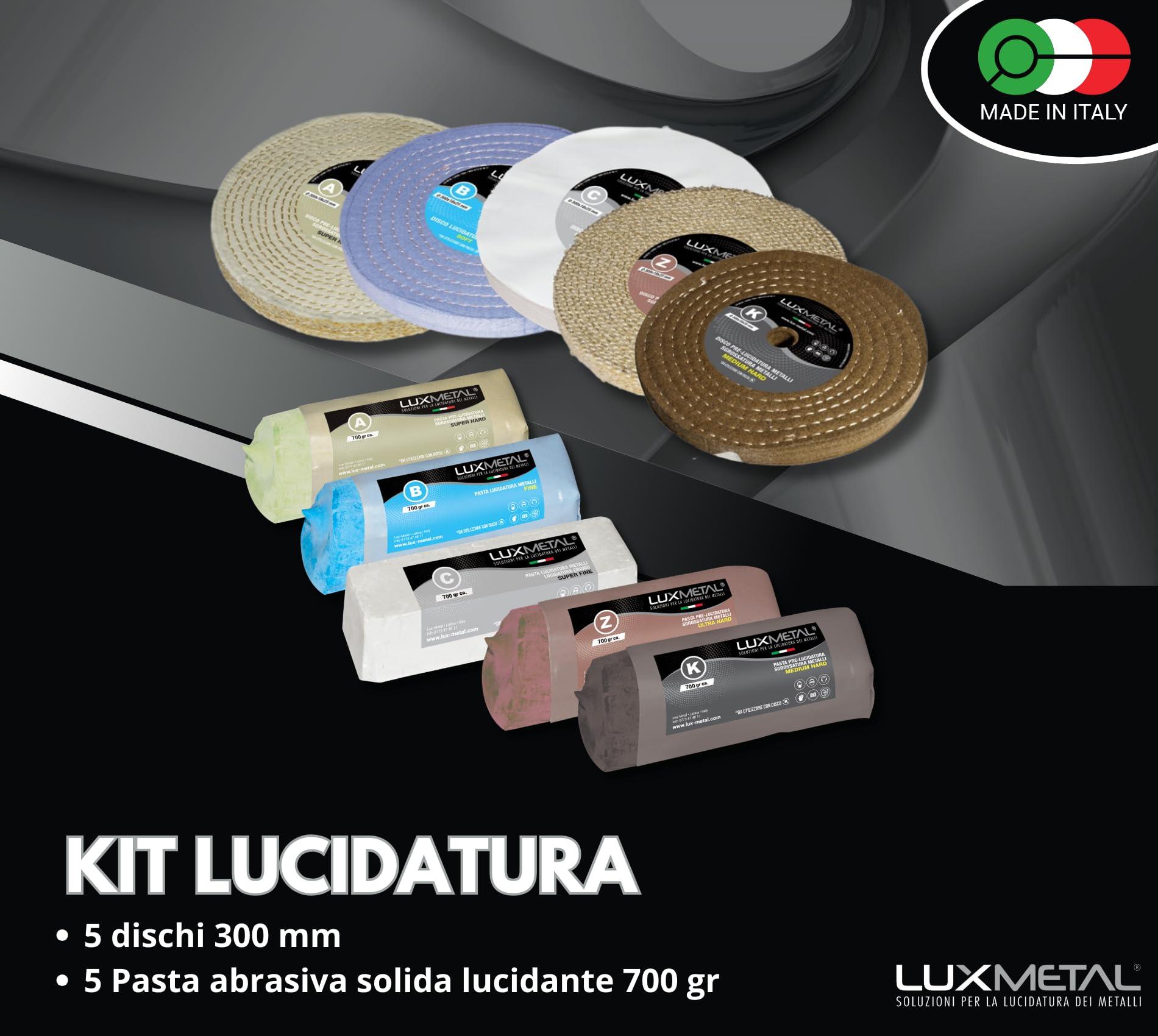 Lux Metal - Kit 5 Disco Lucidante 300 mm e 5 Pasta Abrasiva Lucidante 700 gr - Per Alluminio, Ferro, Acciaio Inox, Bronzo, Marmo - Ruota Lucidatura Metalli Mola Smerigliatrice Feltro