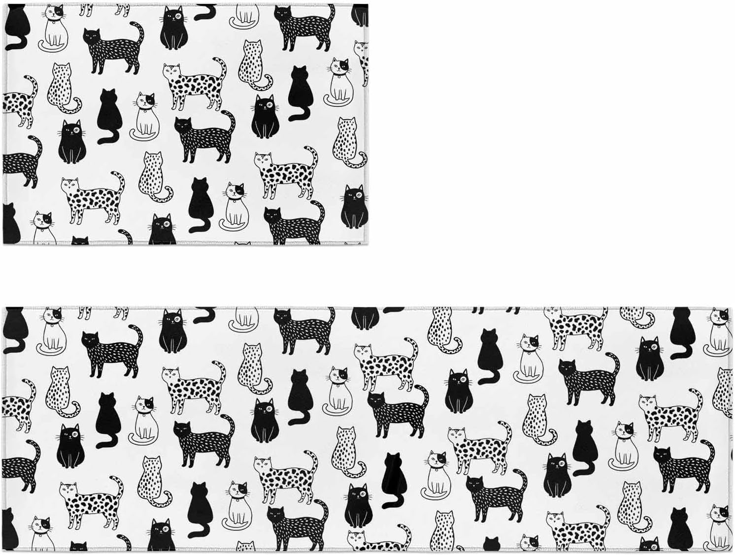 Kitchen Mats for Floor Black White Cats Washable Non Slip Kitchen Rugs 2PCS, Cute Spotted Leopard Print Kitty Absorbent Standing Mats for Sink Bathroom Office Living Room 15.7x23.6in+15.7x47.2in