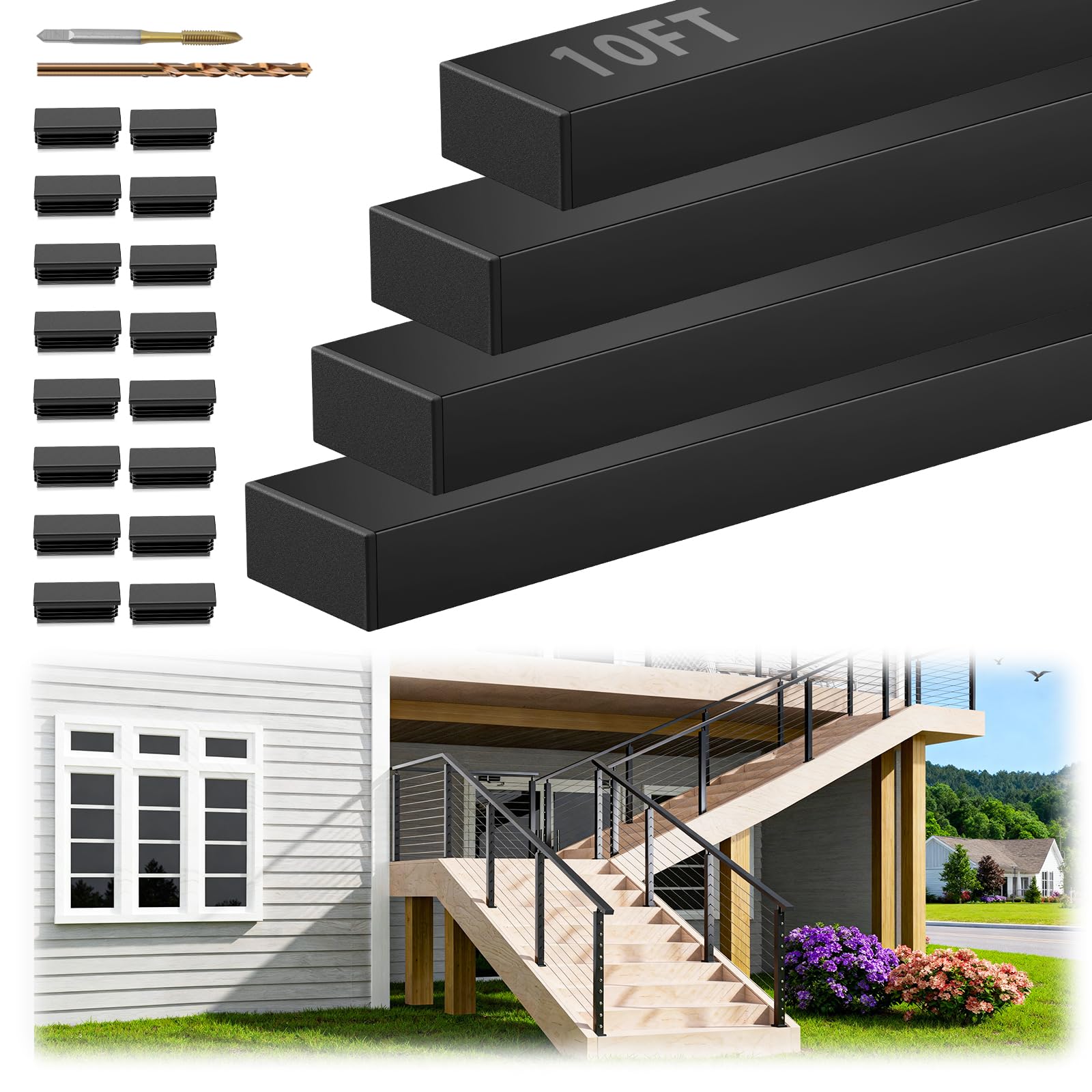 10FT Black Rectangular Handrail, 4 Pack Flat Cable Railing Handrail