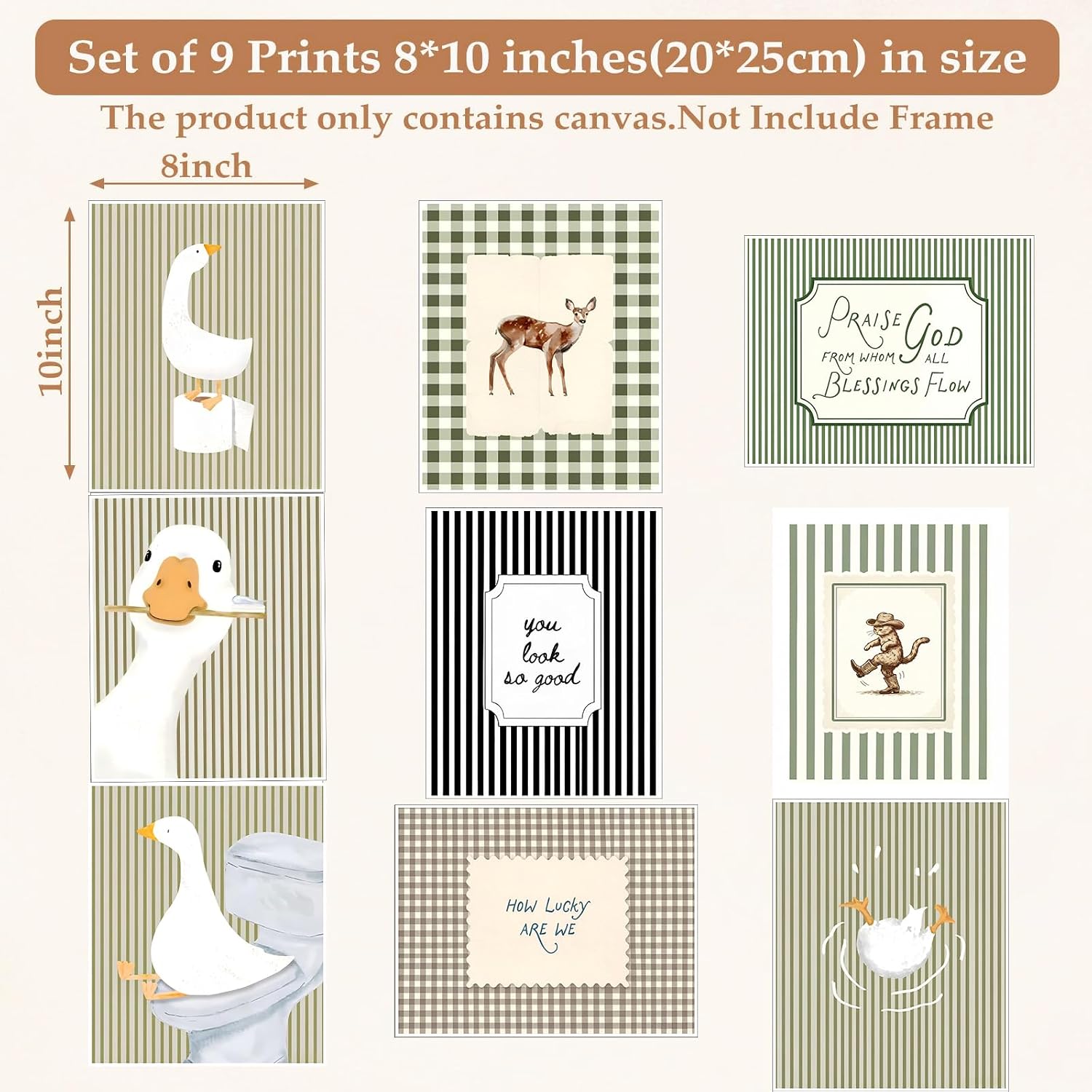 RYZopmuy Vintage Goose Bathroom Wall Art Prints, Sage Green Gingham, Set of 9, Unframed, 8x10 Inch living room, bedroom, bathroom Decor