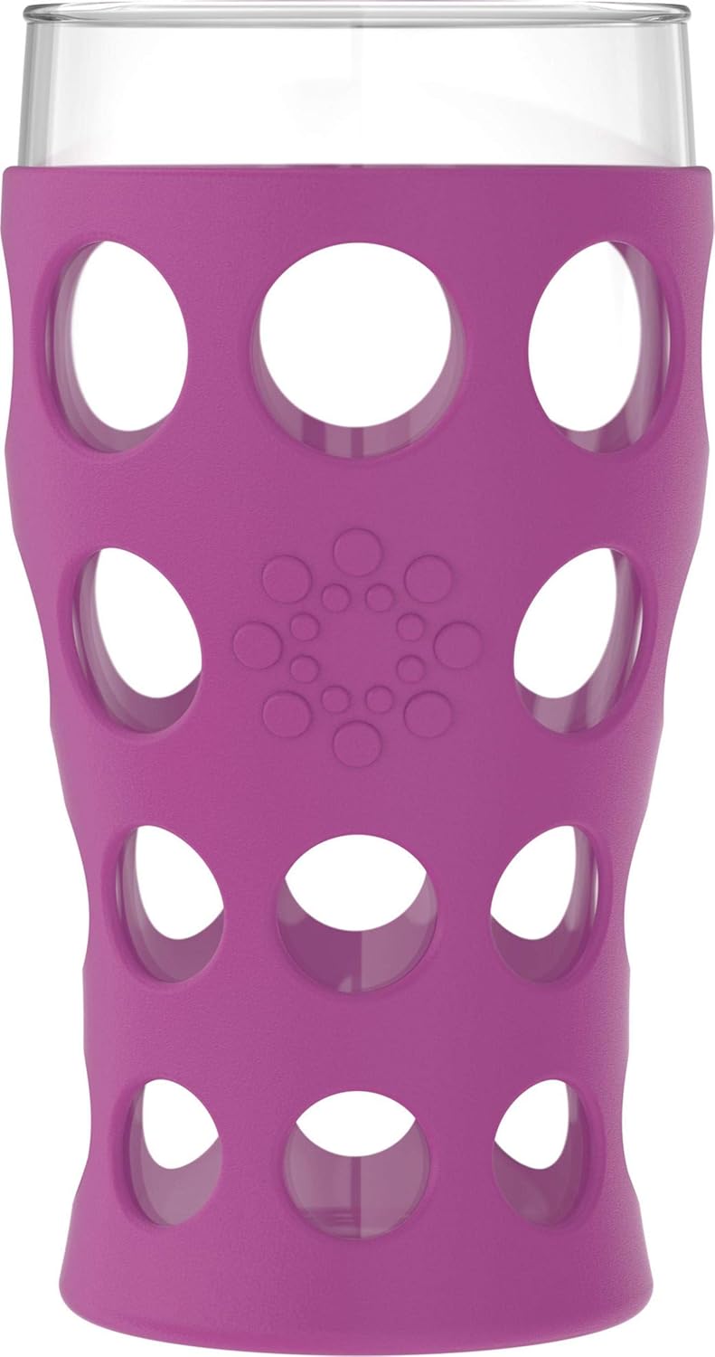 Lifefactory 20-Ounce Indoor/Outdoor Protective Silicone Sleeve Beverage Glass, 4-Pack, Orange, Grass Green, Cobalt, Huckleberry,LF340400C4