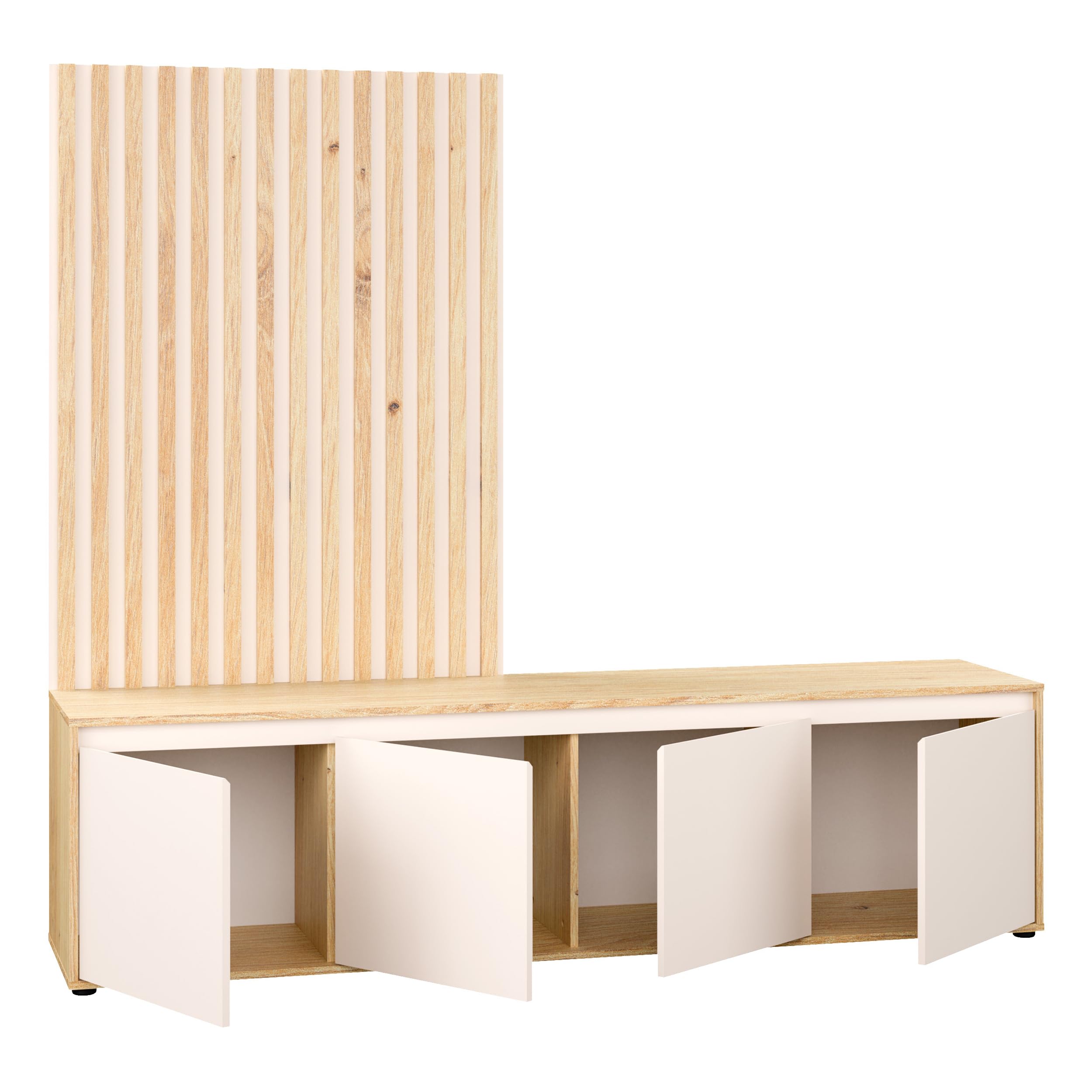 Forte SKELPE Wohnwand 190, Moderne Skandi Stil Wohnwand mit Lowboard 4-türig und Latten-Wandpaneele, Artisan Eiche Holzdekor/Kaschmir Beige, 188,3 cm breit x 169,7 cm hoch x 42 cm tief