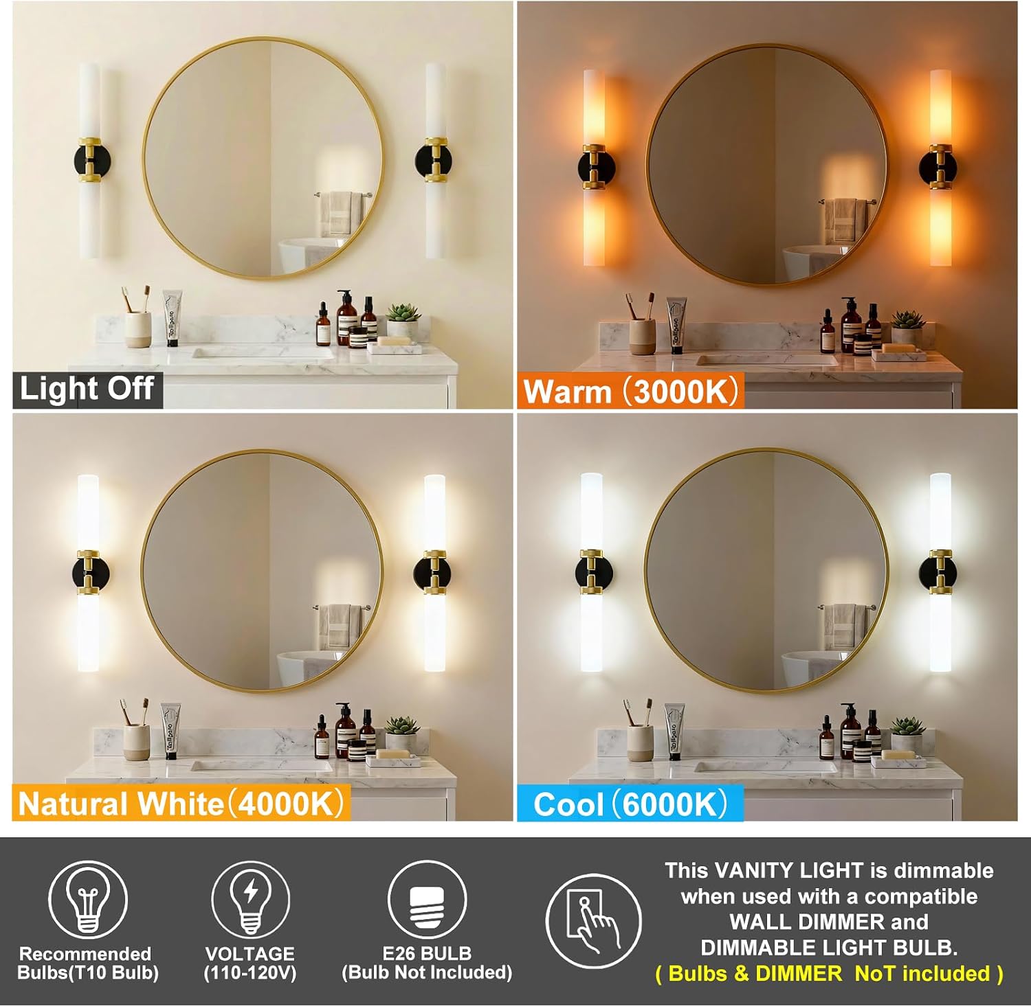 LaLuLa Black and Gold Vanity Light Fixtures – Modern Hardwired Wall Sconces with Milk Glass Shades, Textured Metal Bathroom Lighting for Over Mirror or Hallway, 25" Height