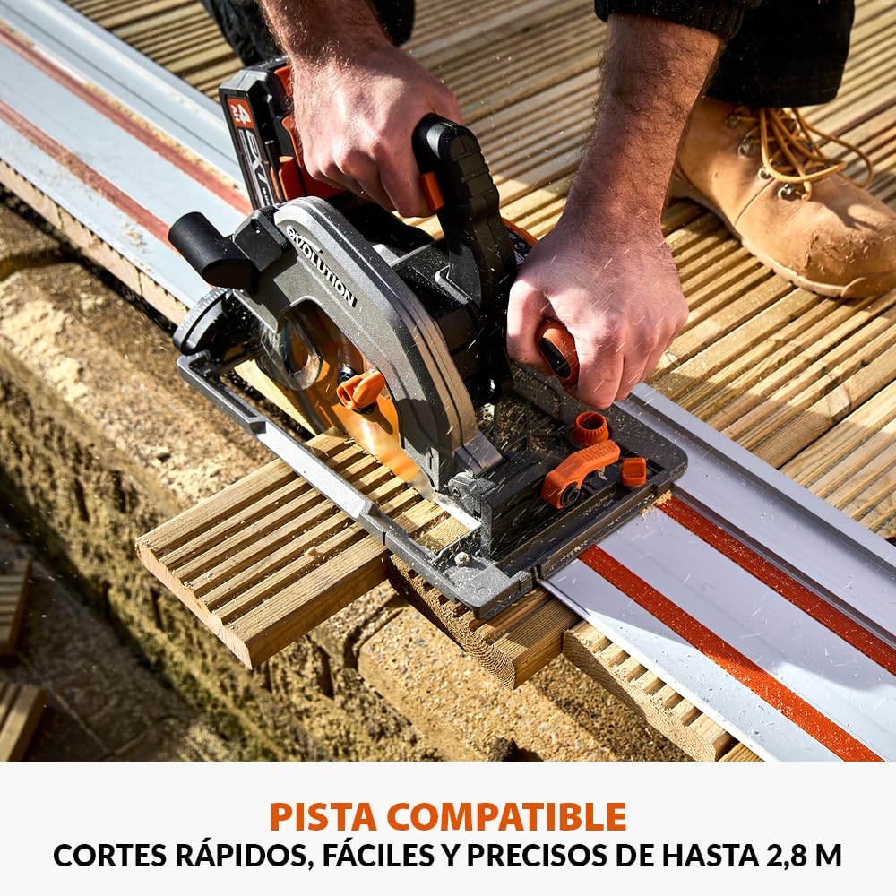 Evolution Power Tools R185CCSX-Li Sierra circular sin cable compatible con carril 18v Li-Ion EXT Incluye hoja multi-material TCT, corta madera, metal, plástico, batería y cargador incluidos, 185mm