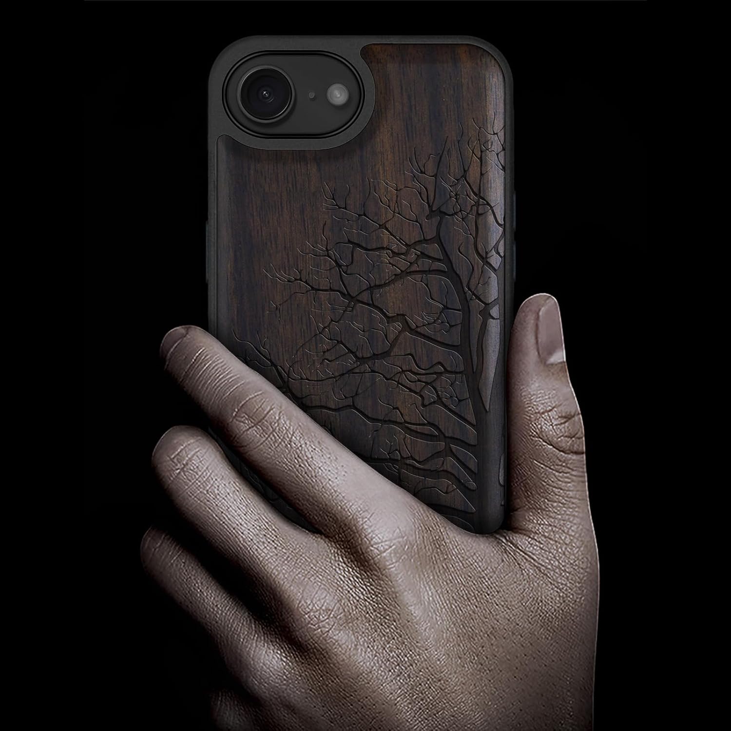 Carveit Magnetic Wooden Case for iPhone 16e / 17e, Solid Wood & TPU, Artisan Engraved Design, Shockproof Cover, Compatible with MagSafe Wireless Chargers, Eternal Tree - Blackwood