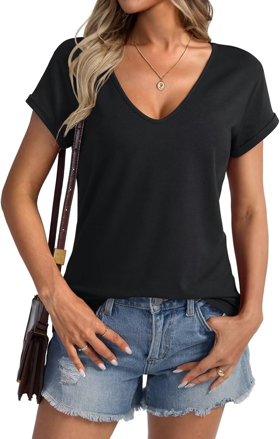 Womens Deep V Neck Short Sleeve T Shirts Casual Loose Fit Shirt Sexy Summer Tops Folded Sleeves Basic Tee 2025 - Image 2