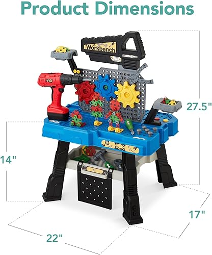 Miniatura 7 de Best Choice Products Banco de trabajo para niños, juego de juguetes de construcción para niños con 150 accesorios, taladro eléctrico, estante de