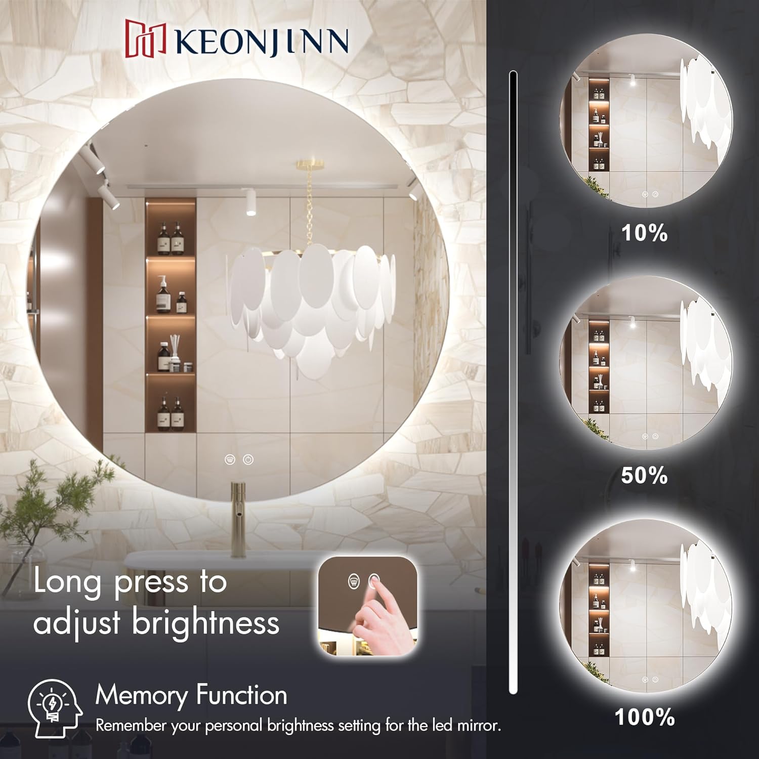 Keonjinn 40 Inch Large Round LED Bathroom Mirror with Lights, UL Listed LED Driver, Oversized Backlit Mirrors, 3 Color Temperature, Circle Frameless LED Lighted Wall-Mounted Vanity Mirror