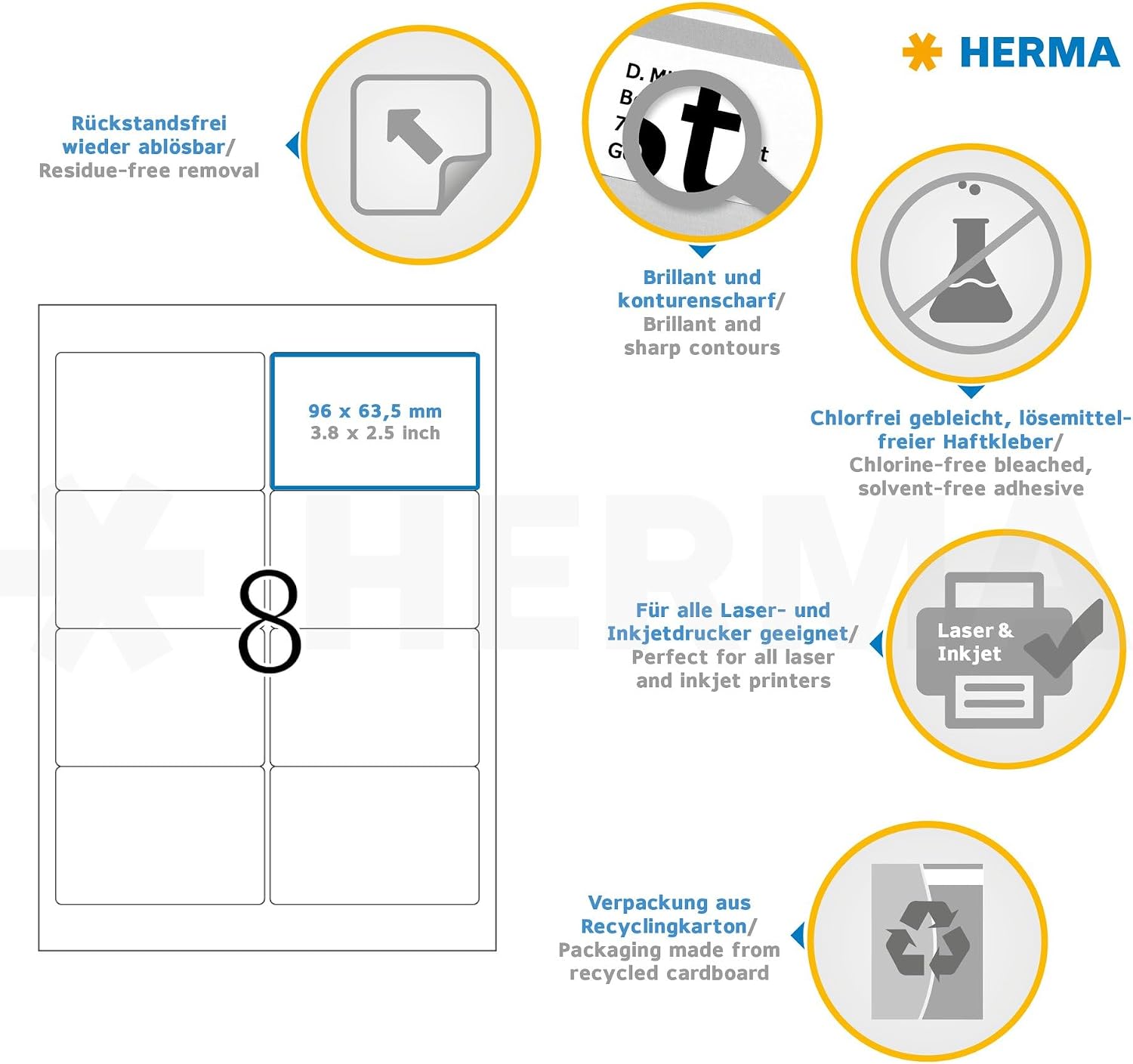 HERMA Self Adhesive Removable Labels, 8 Labels per A4 Sheet, 100 Sheets, 96 x 63.5 mm, 800 Labels, Blank Multipurpose Labels Stickers, Sticky Labels for Laser & Inkjet Printer, White