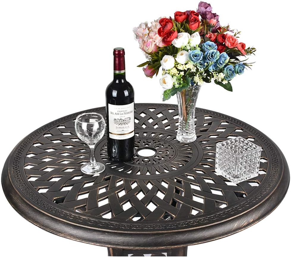 TITIMO 31 inch Diameter Outdoor Round Patio Bistro Dining Table Cast Aluminum with Umbrella Hole Conversation Table : Patio, Lawn & Garden
