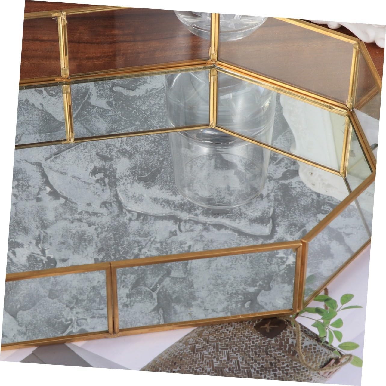 Copper Frame Mirrored Jewelry Tray Elongated Octagon Glass Organizer Vanity Decorative Tray for Bedroom Bathroom Countertop Display