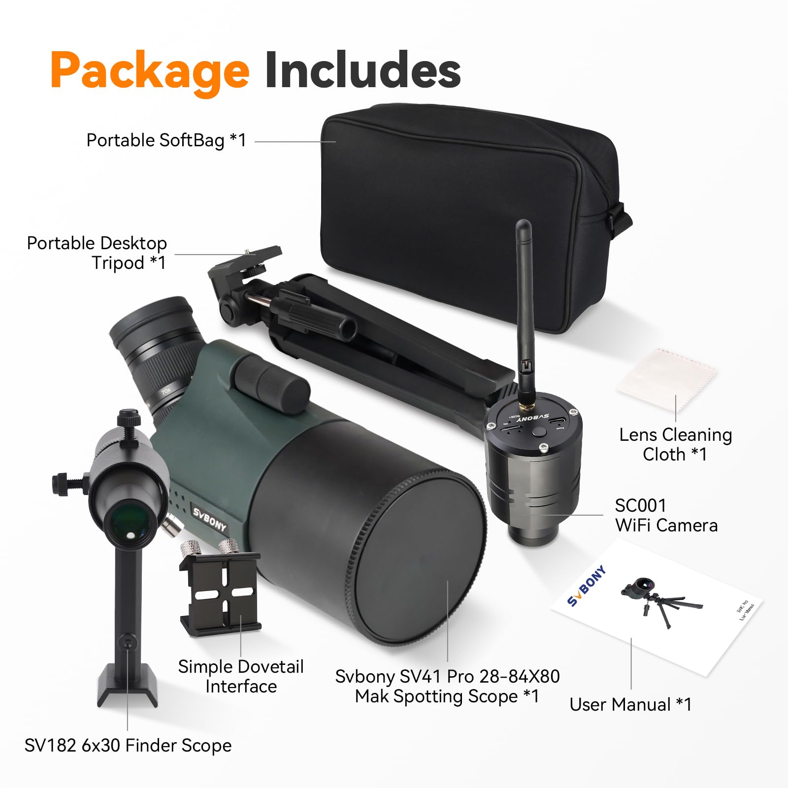 Svbony SV41Pro Mak Luneta Obserwacyjna ze Statywem, SC001 WiFi Camera, Finderscope i Mocowanie Celownika, 28-84X80 FMC Podwójna Prędkość Fokus, Wodoodporne do Astronomiczny Obserwacja Księżycu