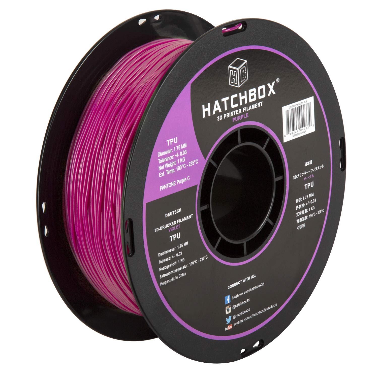 HATCHBOXTPU 3D Printer Filament, Dimensional Accuracy +/- 0.03 mm, 1 kg Spool, 1.75 mm, Shore 95A, Purple