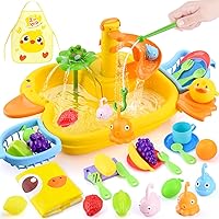 WeeHomm Kids Play Sink with Running Water - Kitchen Sink Toy with Fishing Game, Electric Duck Faucet & Water Slide for Pretend Play